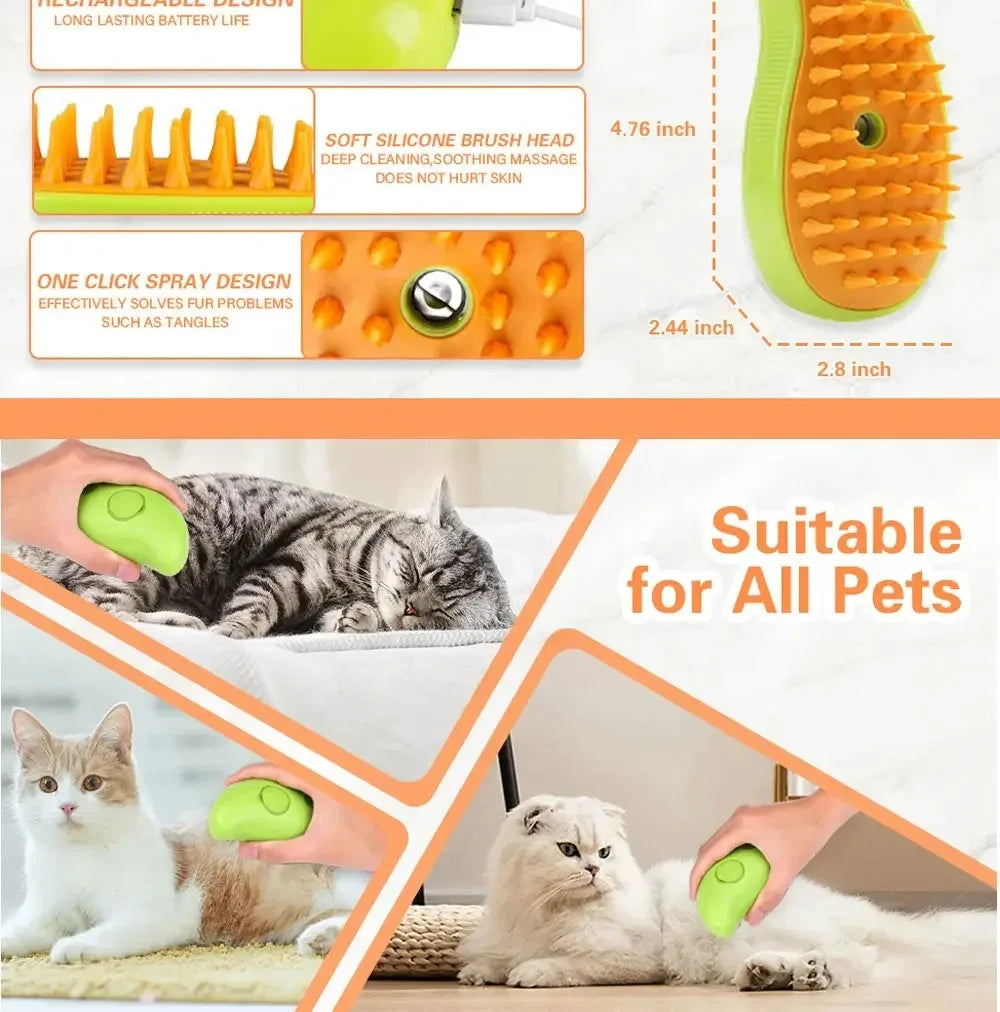 3-in-1 Electric Pet Grooming Steam Brush – Massage, Shedding & Spraying Tool